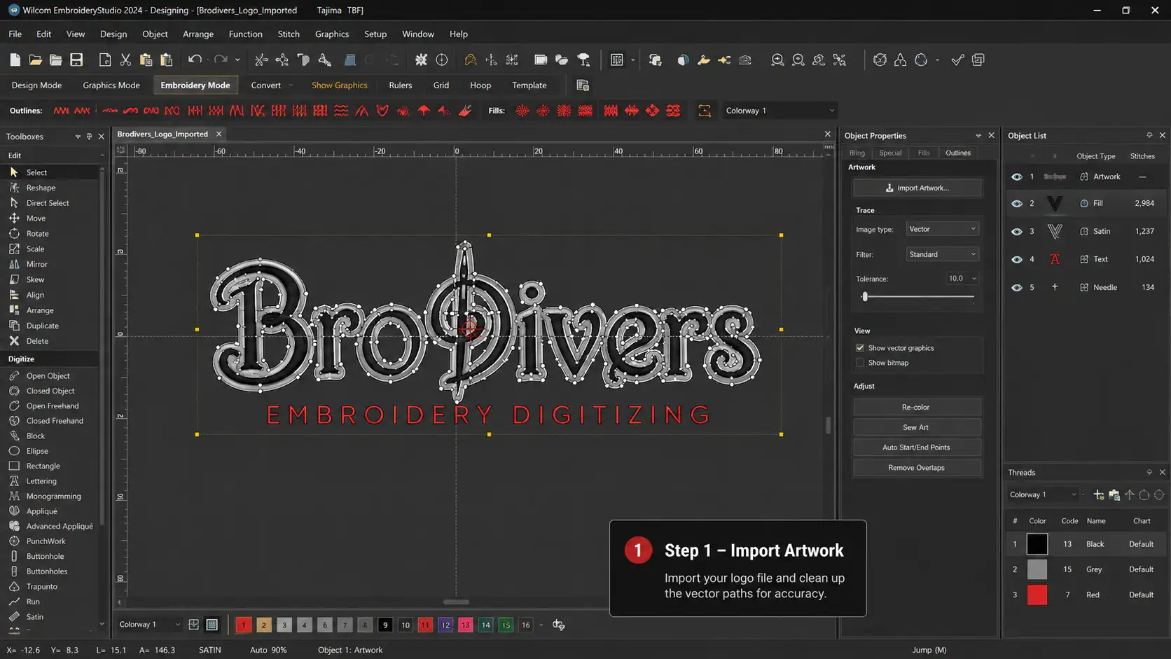 Importing and preparing logo artwork in Wilcom digitizing software