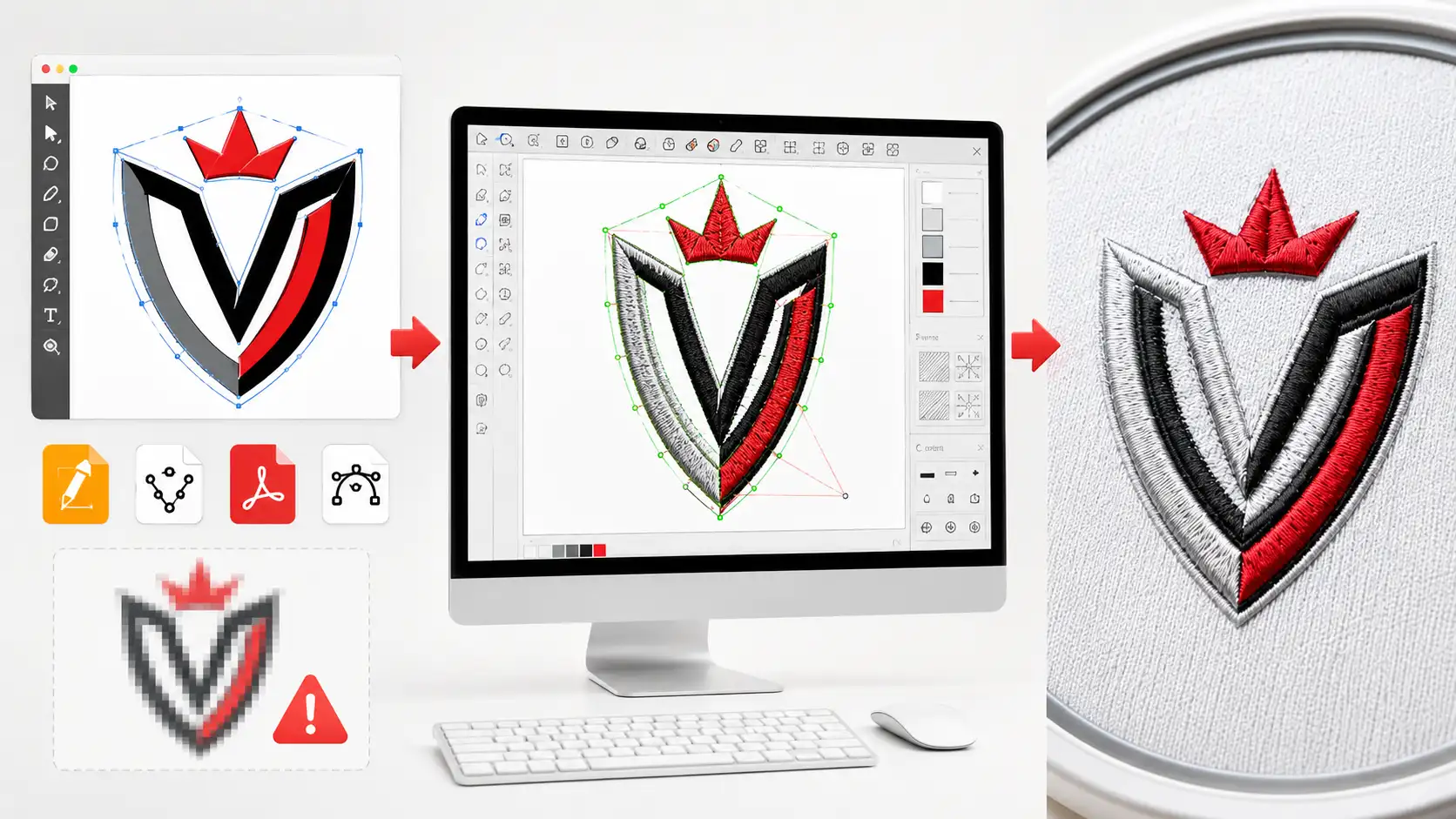 Logo preparation and Wilcom digitizing process from artwork to finished embroidery