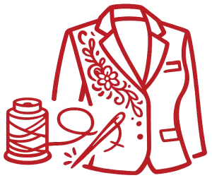 Custom embroidered fashion jacket with decorative stitching and thread spool