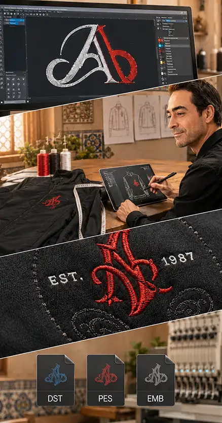 Embroidery digitizing, fashion design, detailed logo embroidery and DST PES EMB file formats in a Tunisian workshop