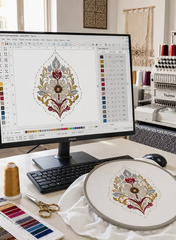 Embroidery digitizing workstation with Wilcom software and industrial embroidery machine in a Tunisian workshop