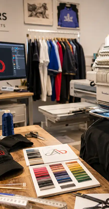 Industrial embroidery workshop with Barudan multi-head machines, custom logo embroidery and professional digitizing workstation