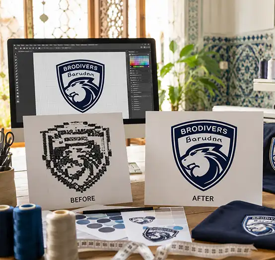 Logo clean-up, vectorisation and embroidery artwork preparation in a professional workshop