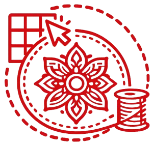 Professional logo digitizing for machine embroidery with stitch path and thread spool