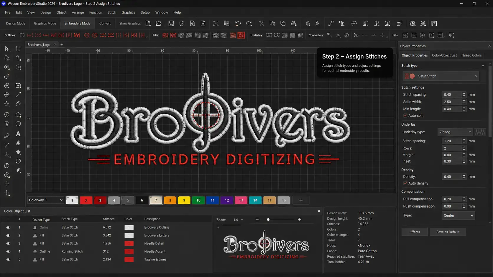 Assigning stitch types, underlay and density settings in Wilcom embroidery software