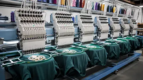 Barudan industrial multi-head embroidery machine running a production order in workshop