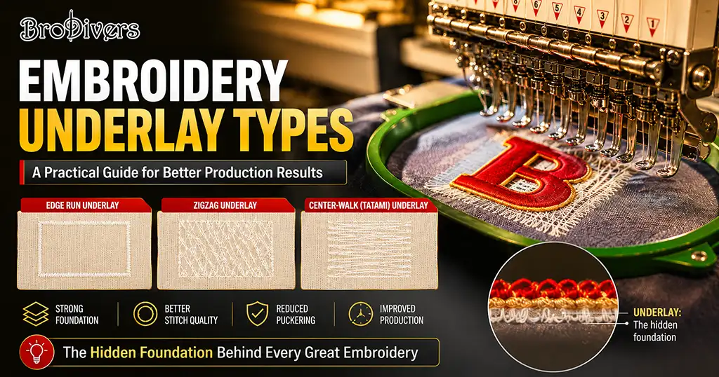 Embroidery underlay types explained: run stitch, zigzag, double zigzag and full coverage. Which underlay for fleece, polo, jersey and caps — from 26 years of Wilcom experience.