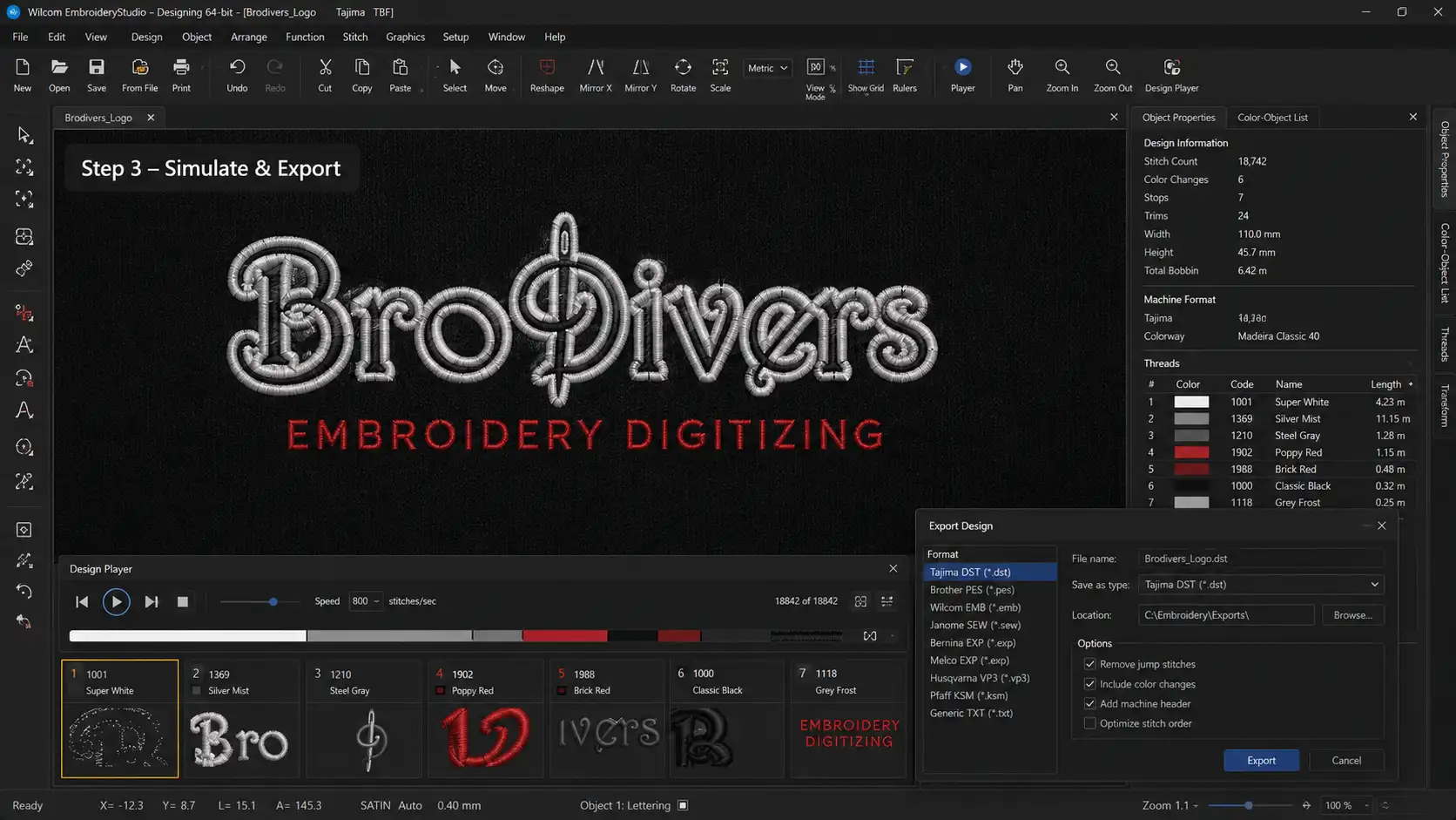 Simulating the embroidery design and exporting the final DST file from Wilcom