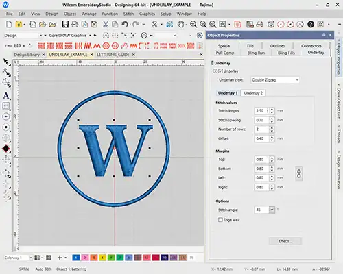 Wilcom EmbroideryStudio object properties panel open on underlay tab showing per-object underlay configuration