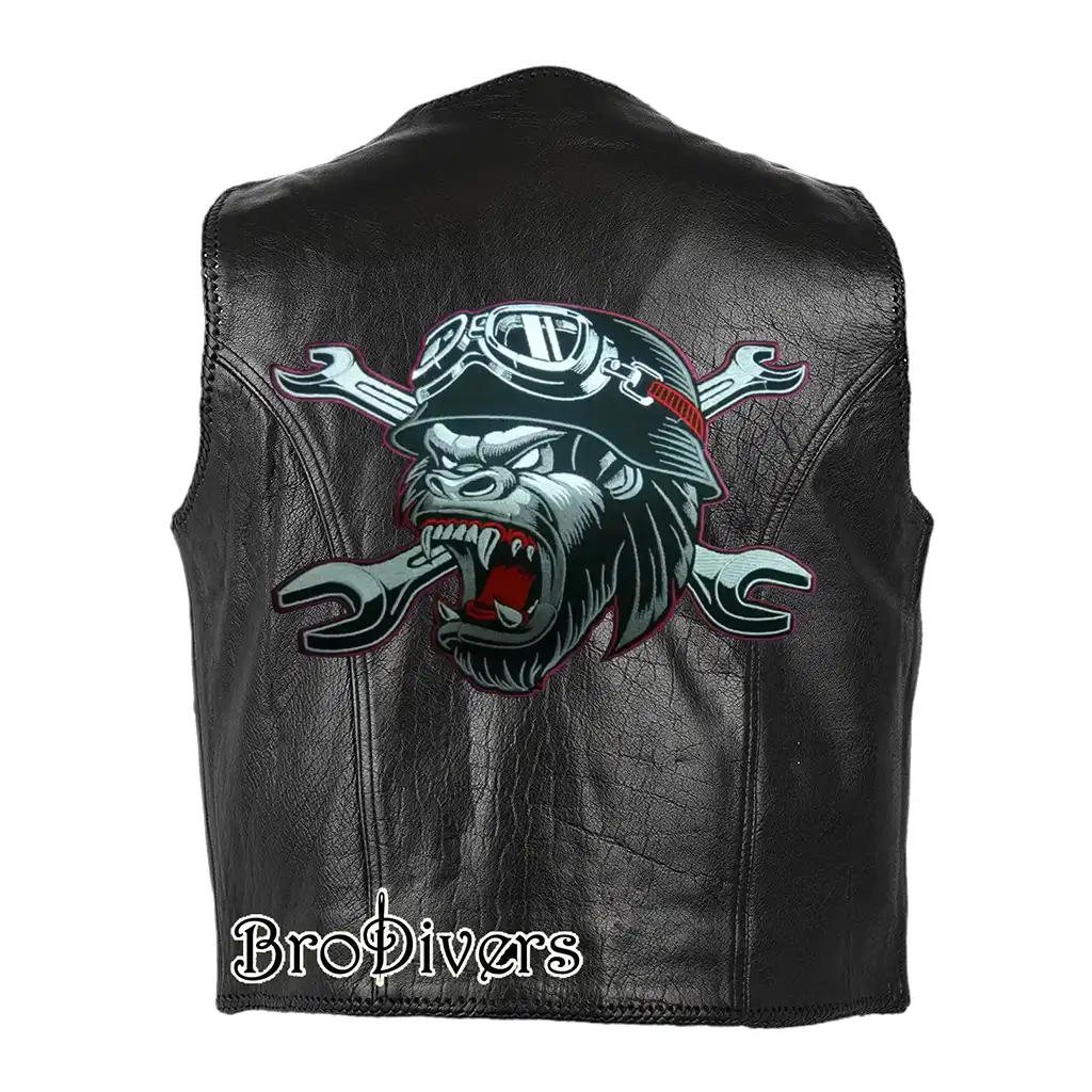 Custom gorilla mechanic embroidery patch on black leather biker vest