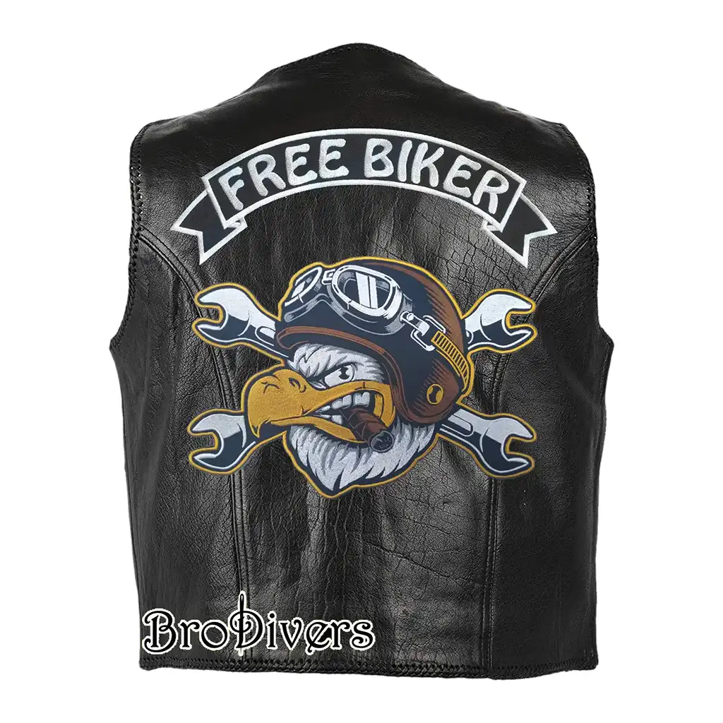 Free Biker custom embroidered eagle patch on leather vest