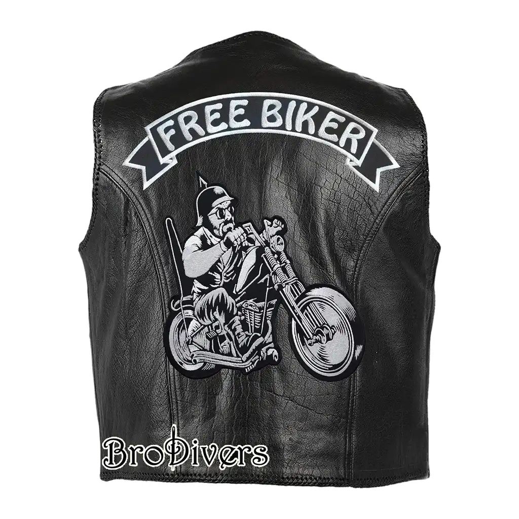 Motorcycle rider embroidered on a leather back patch