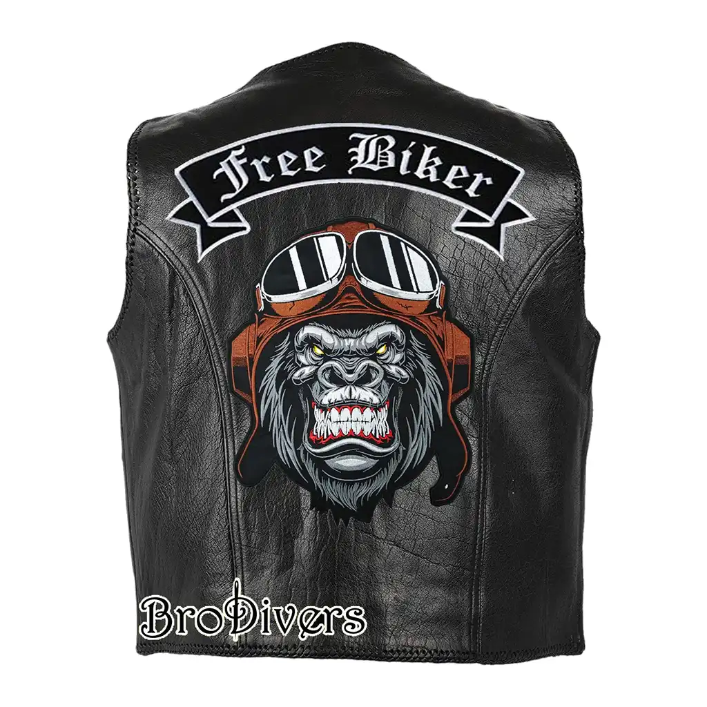 Free Biker skull embroidery back patch on black leather vest