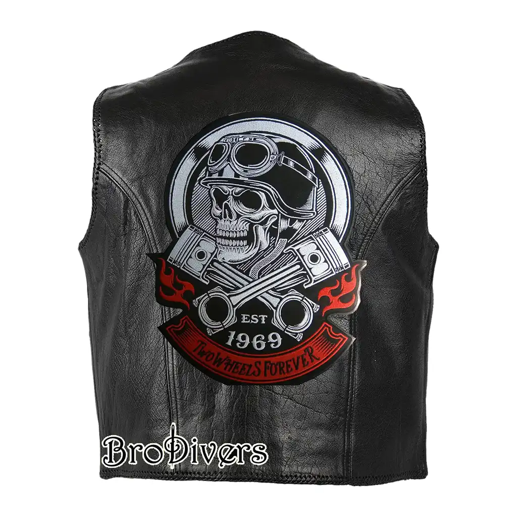 Motorcycle club skull badge with 1969 embroidered lettering