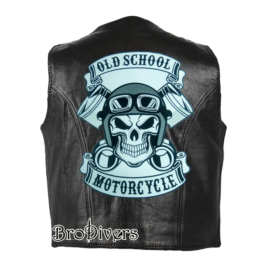 Old-school skull embroidery patch on a motorcycle vest