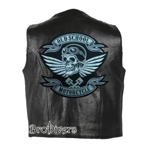 Old School Motorcycles winged skull embroidery on biker vest