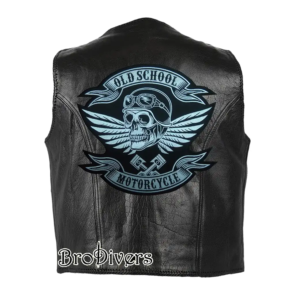 Old School Motorcycles winged skull embroidery on biker vest