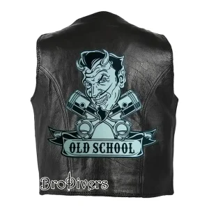 Old School custom embroidered biker patch on black leather vest 2