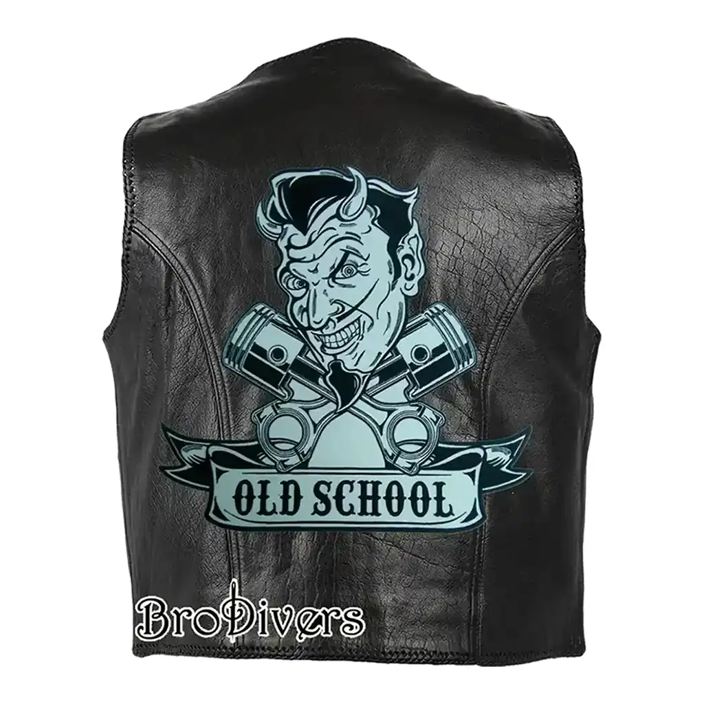 Black leather vest with old-school embroidered biker patch